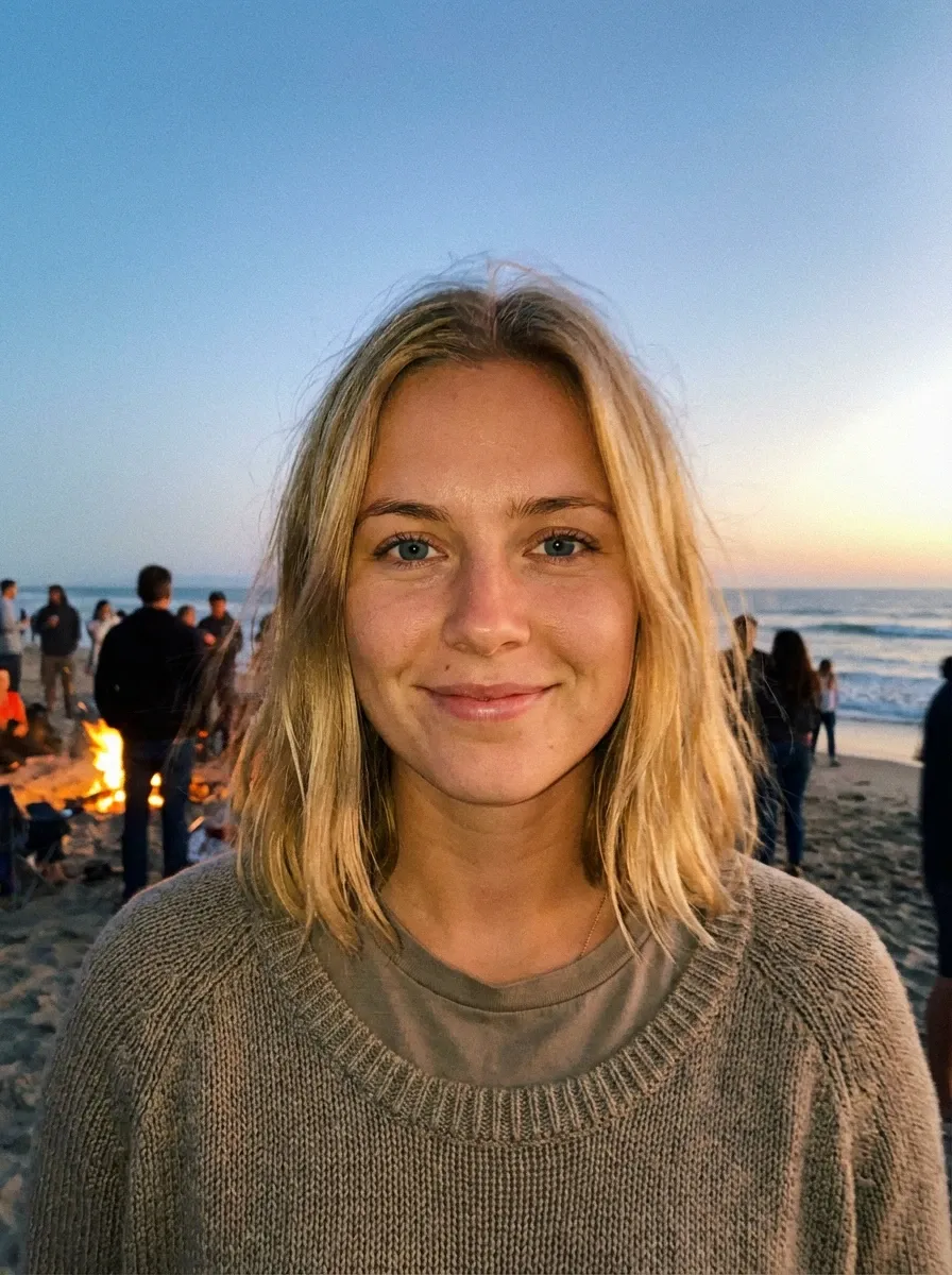 Original selfie input — woman in a light top at an indoor event